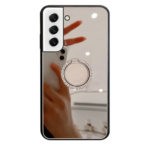 For Samsung Galaxy S21 FE 5G Mirror Design Anti-scratch Well-protected Cover TPU + PC Hybrid Mobile Phone Case with Metal Sheet Ring Kickstand - Silver - 1