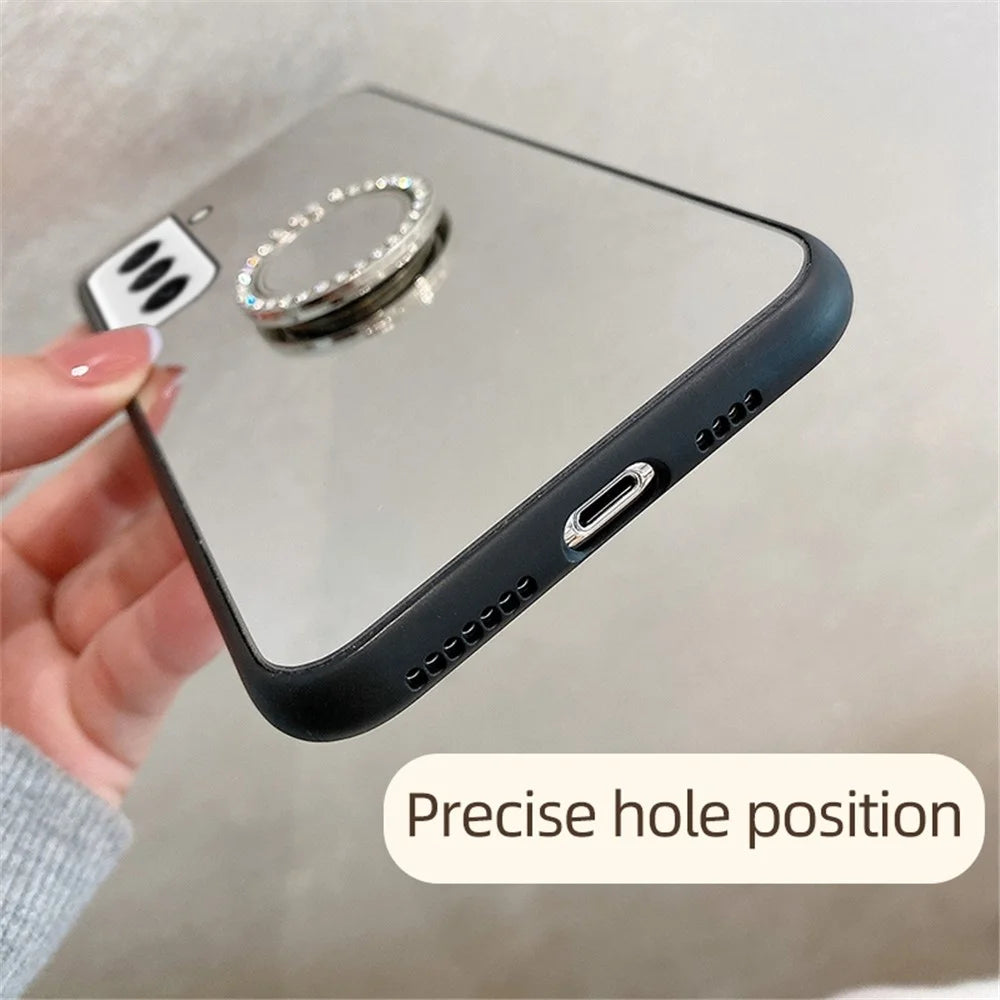 For Samsung Galaxy S21 FE 5G Mirror Design Anti-scratch Well-protected Cover TPU + PC Hybrid Mobile Phone Case with Metal Sheet Ring Kickstand - Silver - 3