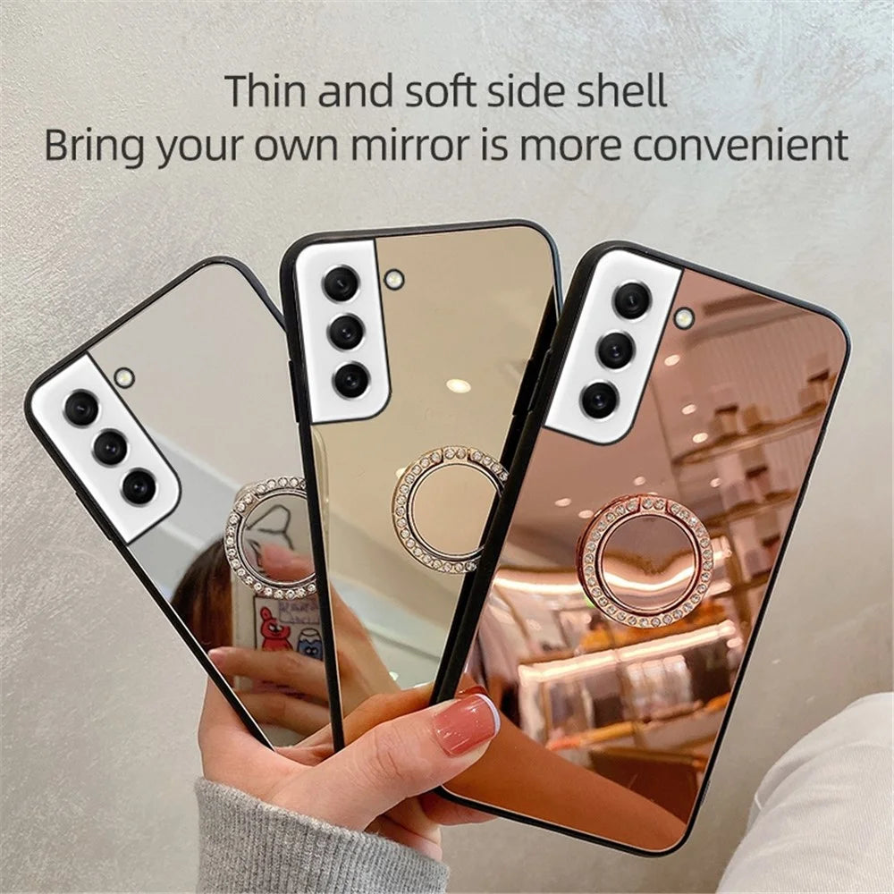 For Samsung Galaxy S21 FE 5G Mirror Design Anti-scratch Well-protected Cover TPU + PC Hybrid Mobile Phone Case with Metal Sheet Ring Kickstand - Silver - 6