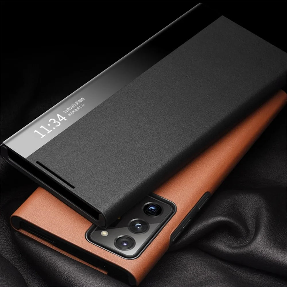QIALINO For Samsung Galaxy Note20 Ultra / Note20 Ultra 5G View Window Cover Genuine Cowhide Leather Phone Case with Auto Wake / Sleep - Black - 5