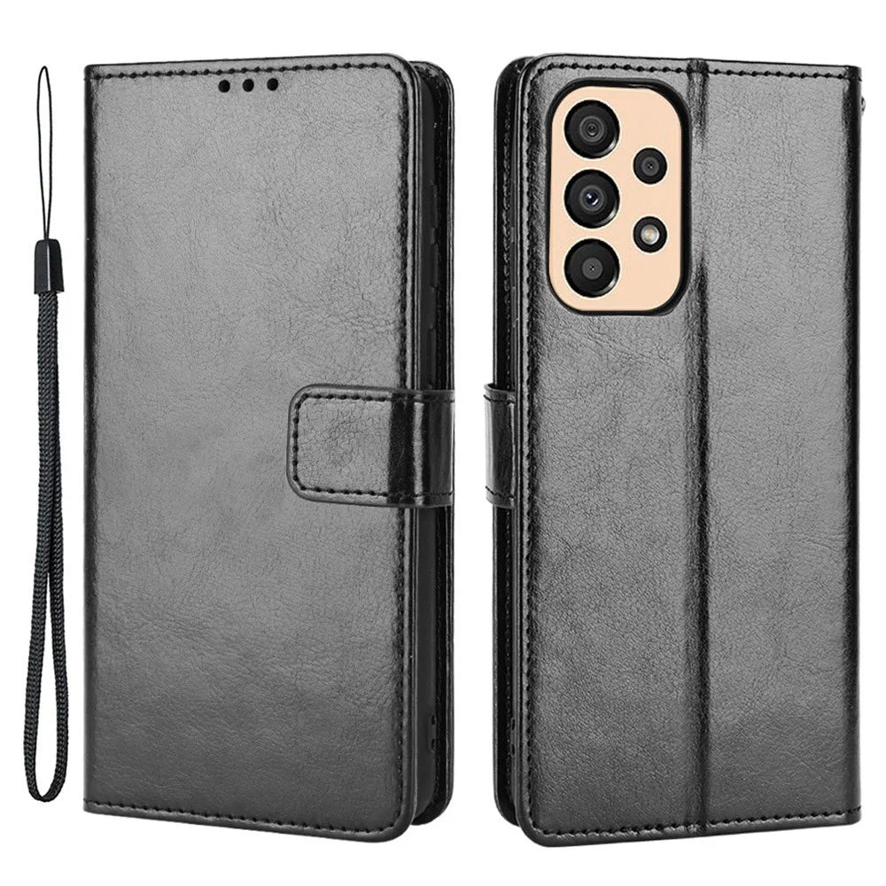 For Samsung Galaxy A23 5G (Global Version) / 4G / M23 5G / F23 5G PU Leather Crazy Horse Texture Stand Case Anti-scratch Wallet Mobile Phone Cover - Black - 1