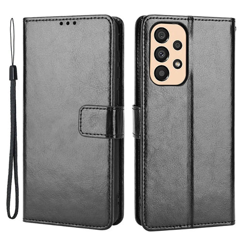 For Samsung Galaxy A23 5G (Global Version) / 4G / M23 5G / F23 5G PU Leather Crazy Horse Texture Stand Case Anti-scratch Wallet Mobile Phone Cover - Black - 1