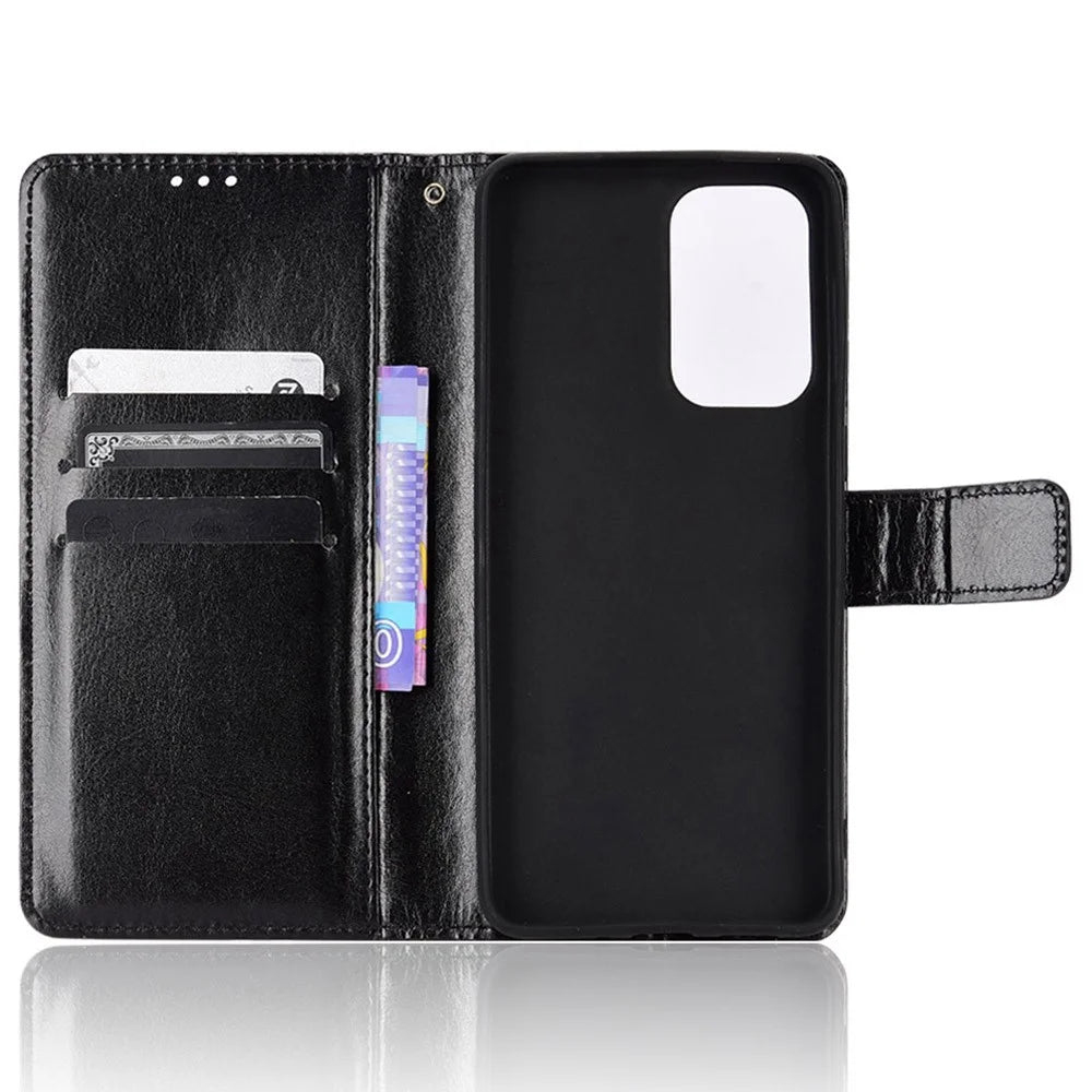 For Samsung Galaxy A23 5G (Global Version) / 4G / M23 5G / F23 5G PU Leather Crazy Horse Texture Stand Case Anti-scratch Wallet Mobile Phone Cover - Black - 4