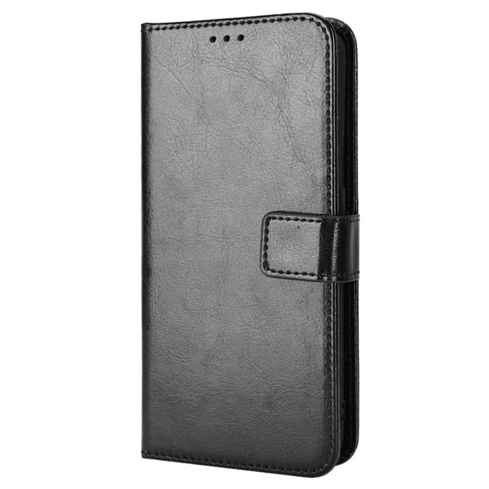 For Samsung Galaxy A23 5G (Global Version) / 4G / M23 5G / F23 5G PU Leather Crazy Horse Texture Stand Case Anti-scratch Wallet Mobile Phone Cover - Black - 6
