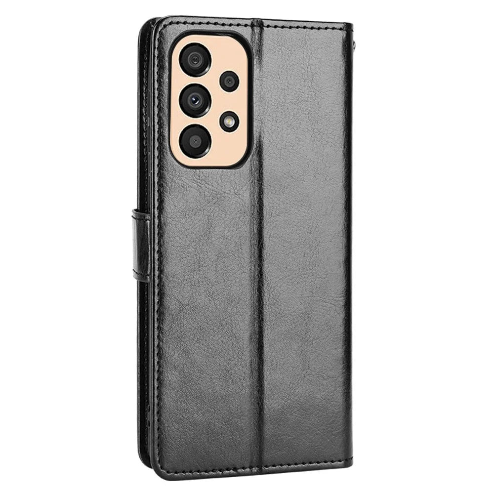 For Samsung Galaxy A23 5G (Global Version) / 4G / M23 5G / F23 5G PU Leather Crazy Horse Texture Stand Case Anti-scratch Wallet Mobile Phone Cover - Black - 7