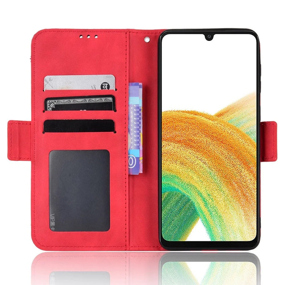 For Samsung Galaxy A33 5G Multiple Card Slots Phone Cover PU Leather Wallet Stand Folio Flip Case - Red - 2