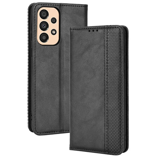For Samsung Galaxy A33 5G Retro PU Leather Wallet Phone Cover Mosaic Imprinted Magnet Closure Adjustable Stand Case - Black - 1