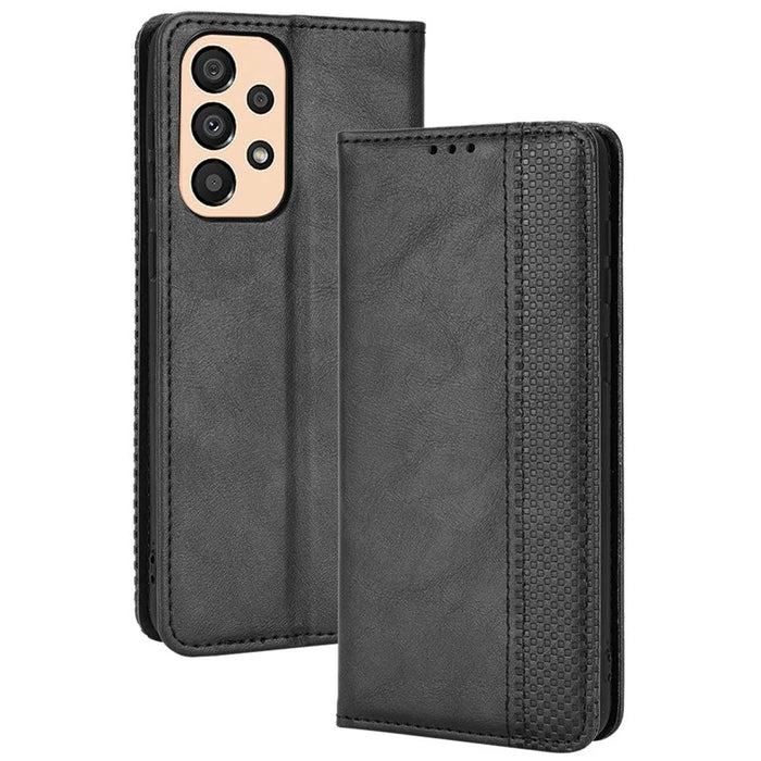 For Samsung Galaxy A33 5G Retro PU Leather Wallet Phone Cover Mosaic Imprinted Magnet Closure Adjustable Stand Case - Black - 1