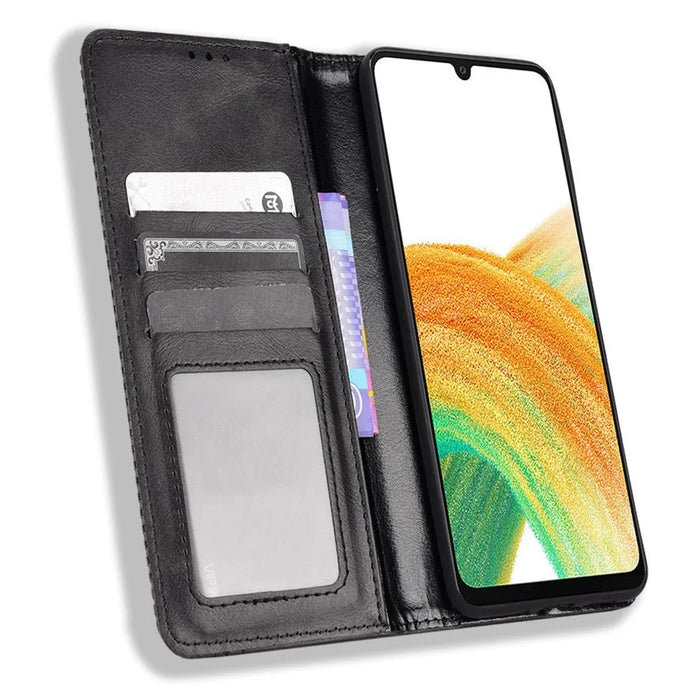 For Samsung Galaxy A33 5G Retro PU Leather Wallet Phone Cover Mosaic Imprinted Magnet Closure Adjustable Stand Case - Black - 2
