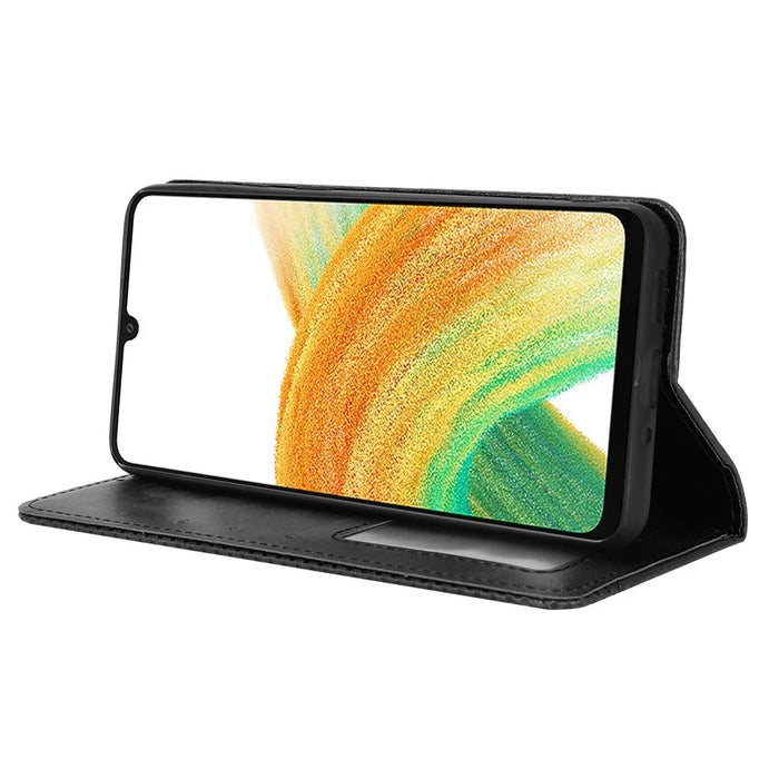 For Samsung Galaxy A33 5G Retro PU Leather Wallet Phone Cover Mosaic Imprinted Magnet Closure Adjustable Stand Case - Black - 3