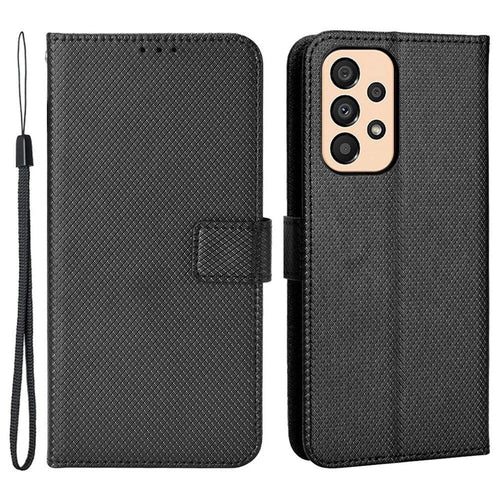 For Samsung Galaxy A23 5G (Global Version) / 4G / M23 5G / F23 5G Diamond Texture Protective Leather Case Wallet Stand Magnetic Closure TPU Shell Flip Cover with Strap - Black - 1