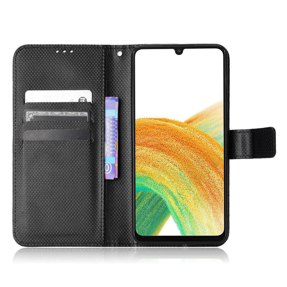 For Samsung Galaxy A23 5G (Global Version) / 4G / M23 5G / F23 5G Diamond Texture Protective Leather Case Wallet Stand Magnetic Closure TPU Shell Flip Cover with Strap - Black - 2