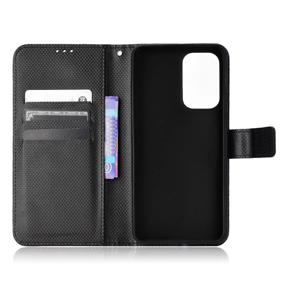 For Samsung Galaxy A23 5G (Global Version) / 4G / M23 5G / F23 5G Diamond Texture Protective Leather Case Wallet Stand Magnetic Closure TPU Shell Flip Cover with Strap - Black - 4