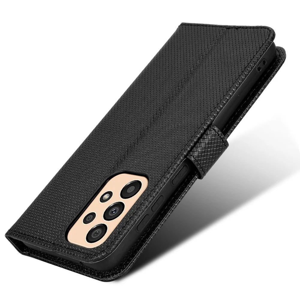 For Samsung Galaxy A23 5G (Global Version) / 4G / M23 5G / F23 5G Diamond Texture Protective Leather Case Wallet Stand Magnetic Closure TPU Shell Flip Cover with Strap - Black - 5