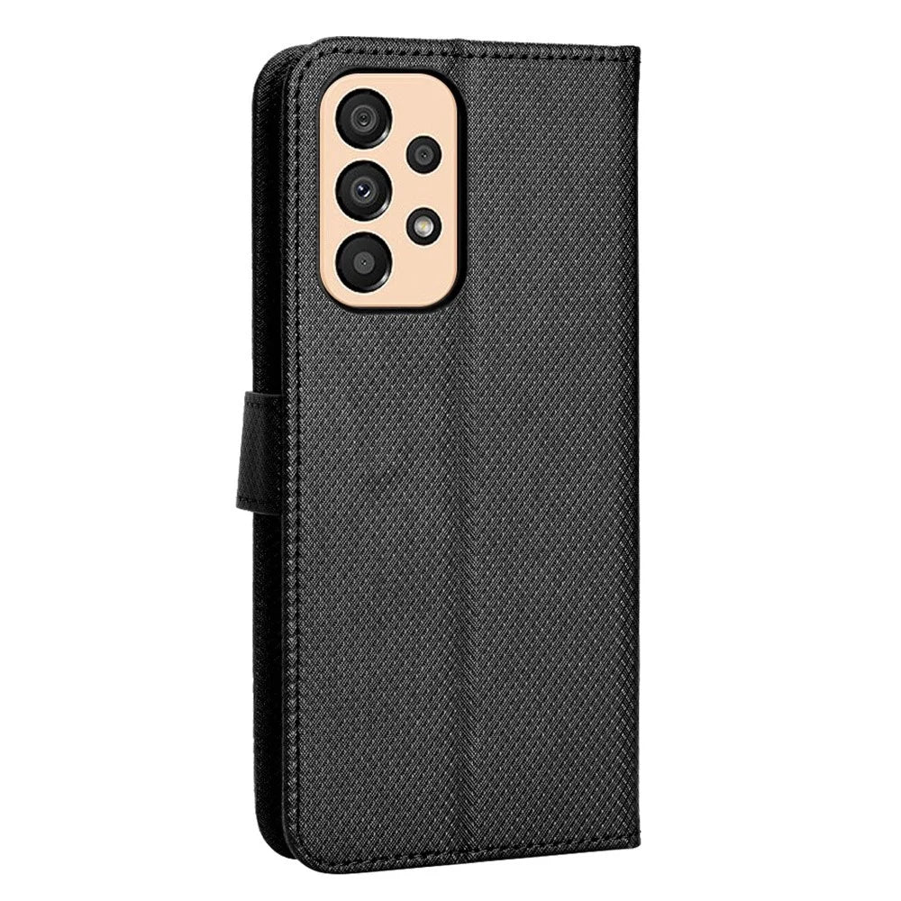 For Samsung Galaxy A23 5G (Global Version) / 4G / M23 5G / F23 5G Diamond Texture Protective Leather Case Wallet Stand Magnetic Closure TPU Shell Flip Cover with Strap - Black - 7