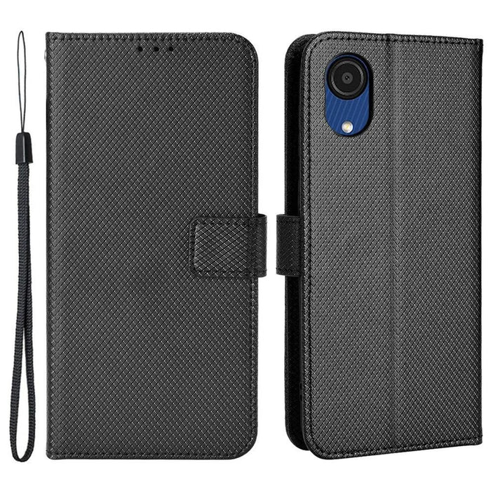 For Samsung Galaxy A03 Core Shockproof Wallet Stand View Protective Cover Diamond Texture Soft PU Leather Flip Case with Strap - Black - 1