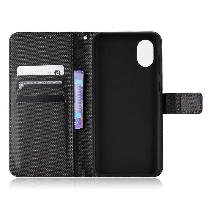For Samsung Galaxy A03 Core Shockproof Wallet Stand View Protective Cover Diamond Texture Soft PU Leather Flip Case with Strap - Black - 4