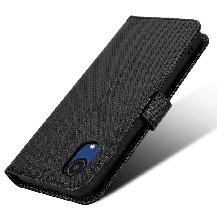 For Samsung Galaxy A03 Core Shockproof Wallet Stand View Protective Cover Diamond Texture Soft PU Leather Flip Case with Strap - Black - 5