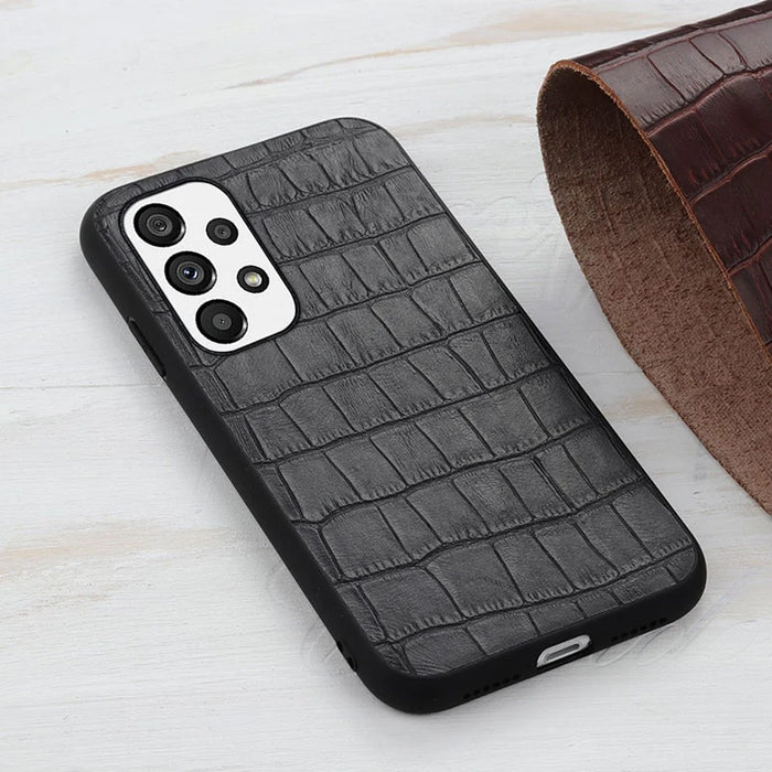 For Samsung Galaxy A73 5G Crocodile Texture Genuine Leather Coating Cover Hybrid PC + TPU Inner Phone Case - Black - 3