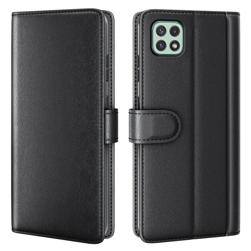 For Samsung Galaxy A22 5G (EU Version) Split Leather Genuine Leather Full Protection Wallet Stand Phone Case - Black - 1