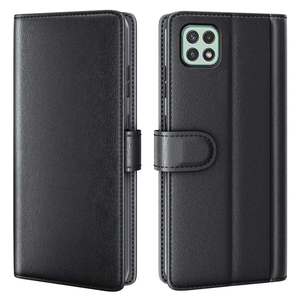 For Samsung Galaxy A22 5G (EU Version) Split Leather Genuine Leather Full Protection Wallet Stand Phone Case - Black - 1