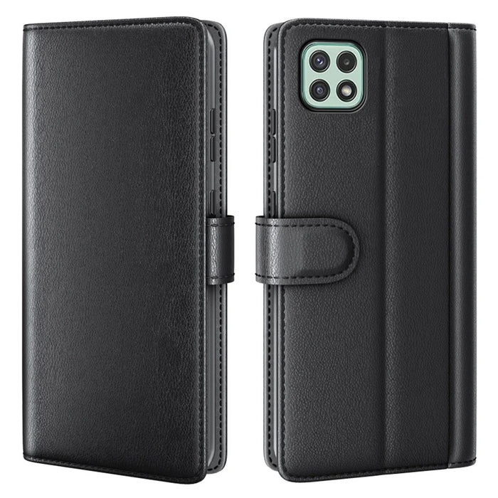 For Samsung Galaxy A22 5G (EU Version) Split Leather Genuine Leather Full Protection Wallet Stand Phone Case - Black - 1