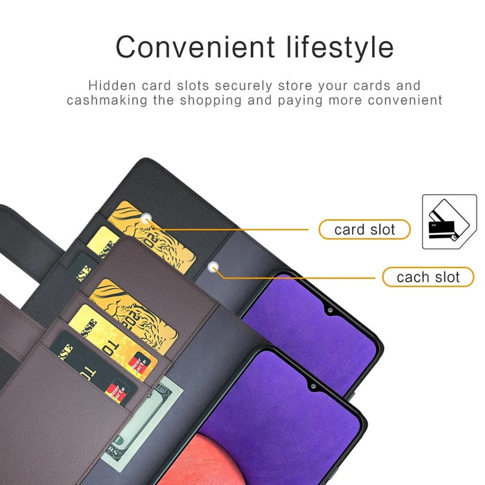 For Samsung Galaxy A22 5G (EU Version) Split Leather Genuine Leather Full Protection Wallet Stand Phone Case - Black - 5