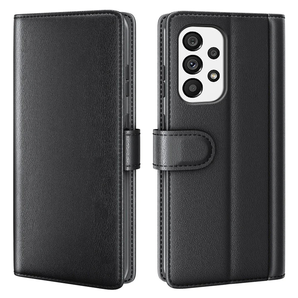 For Samsung Galaxy A53 5G Wallet Case Split Leather Genuine Leather Folio Flip Stand Shockproof Cover - Black - 1
