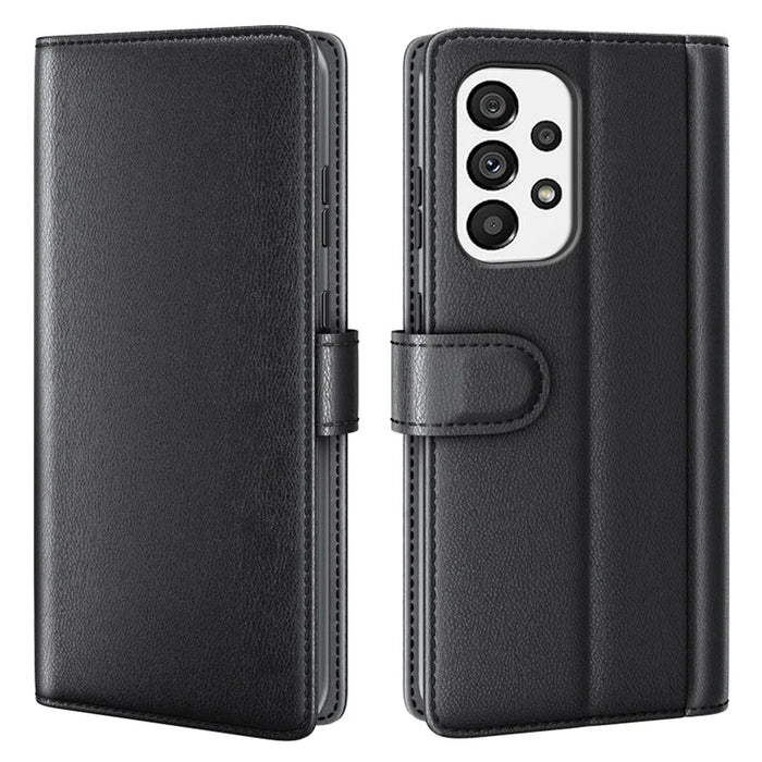 For Samsung Galaxy A53 5G Wallet Case Split Leather Genuine Leather Folio Flip Stand Shockproof Cover - Black - 1