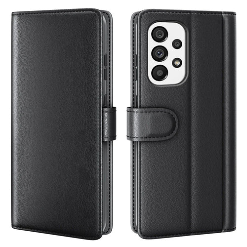 For Samsung Galaxy A33 5G Stand Wallet Phone Case Split Leather Genuine Leather Folio Flip Protective Cover - Black - 1