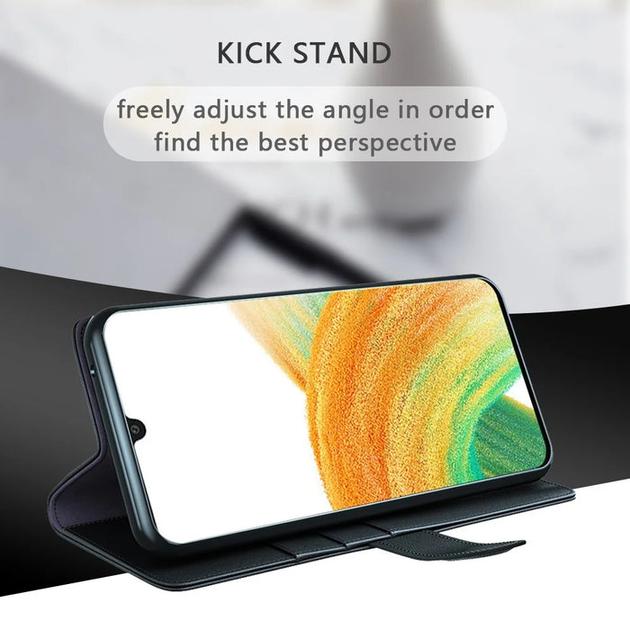 For Samsung Galaxy A33 5G Stand Wallet Phone Case Split Leather Genuine Leather Folio Flip Protective Cover - Black - 6