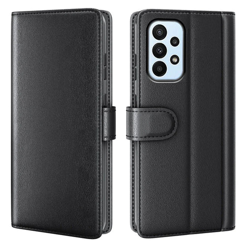 For Samsung Galaxy A23 5G (Global Version) / 4G Split Leather Genuine Leather Phone Case Drop-proof Wallet Stand Flip Cover - Black - 1