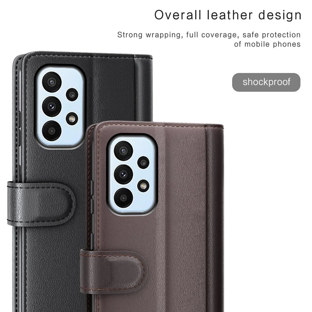 For Samsung Galaxy A23 5G (Global Version) / 4G Split Leather Genuine Leather Phone Case Drop-proof Wallet Stand Flip Cover - Black - 4