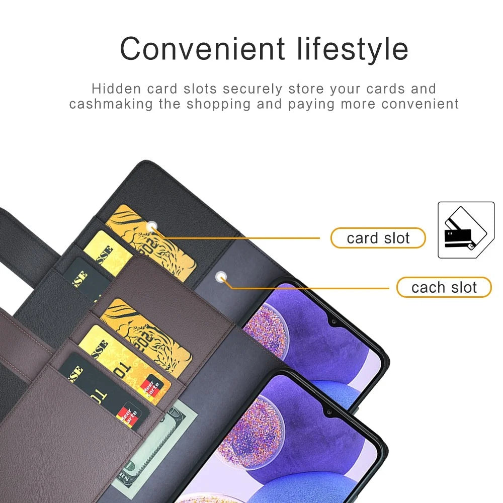 For Samsung Galaxy A23 5G (Global Version) / 4G Split Leather Genuine Leather Phone Case Drop-proof Wallet Stand Flip Cover - Black - 5