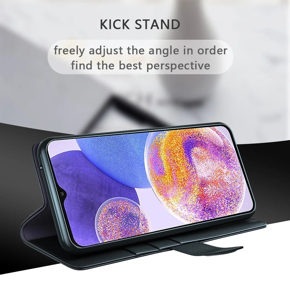 For Samsung Galaxy A23 5G (Global Version) / 4G Split Leather Genuine Leather Phone Case Drop-proof Wallet Stand Flip Cover - Black - 6