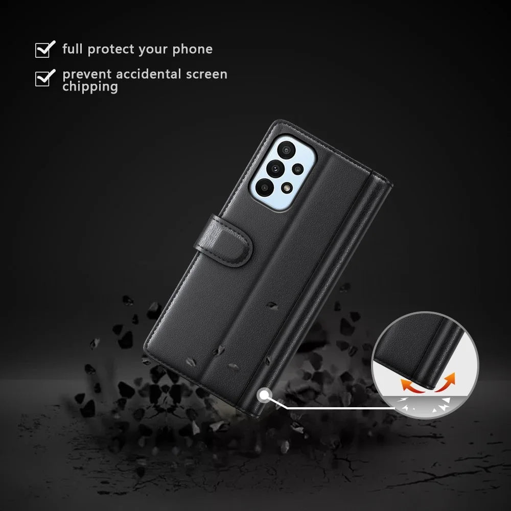 For Samsung Galaxy A23 5G (Global Version) / 4G Split Leather Genuine Leather Phone Case Drop-proof Wallet Stand Flip Cover - Black - 7