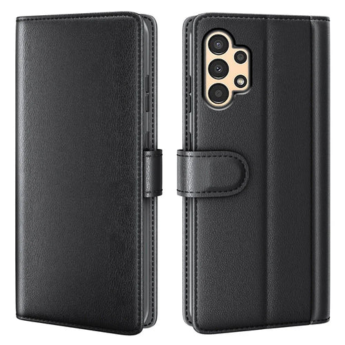 For Samsung Galaxy A13 4G Split Leather Genuine Leather Folio Flip Phone Case with Wallet Stand - Black - 1