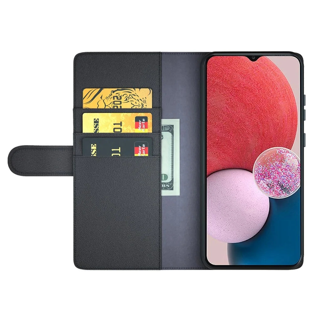 For Samsung Galaxy A13 4G Split Leather Genuine Leather Folio Flip Phone Case with Wallet Stand - Black - 2