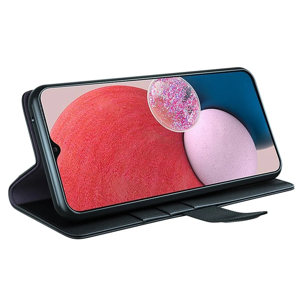 For Samsung Galaxy A13 4G Split Leather Genuine Leather Folio Flip Phone Case with Wallet Stand - Black - 3