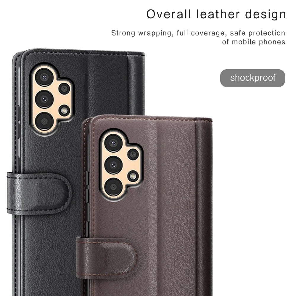 For Samsung Galaxy A13 4G Split Leather Genuine Leather Folio Flip Phone Case with Wallet Stand - Black - 4
