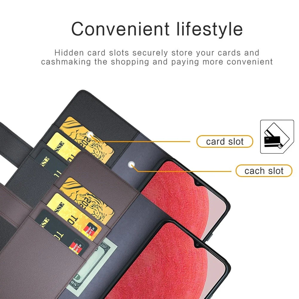 For Samsung Galaxy A13 4G Split Leather Genuine Leather Folio Flip Phone Case with Wallet Stand - Black - 5