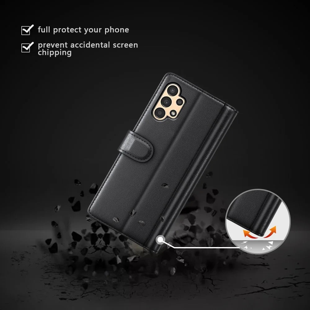 For Samsung Galaxy A13 4G Split Leather Genuine Leather Folio Flip Phone Case with Wallet Stand - Black - 7