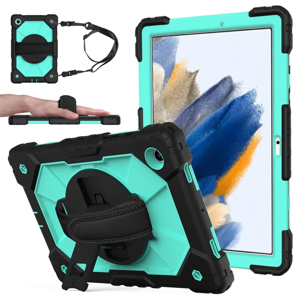 Robot C2 Series for Samsung Galaxy Tab A8 10.5 (2021) / (2022) Contrast Color PC + Silicone Tablet Drop-proof Case Cover with Hand Strap and Kickstand - Black / Mint Green - 1
