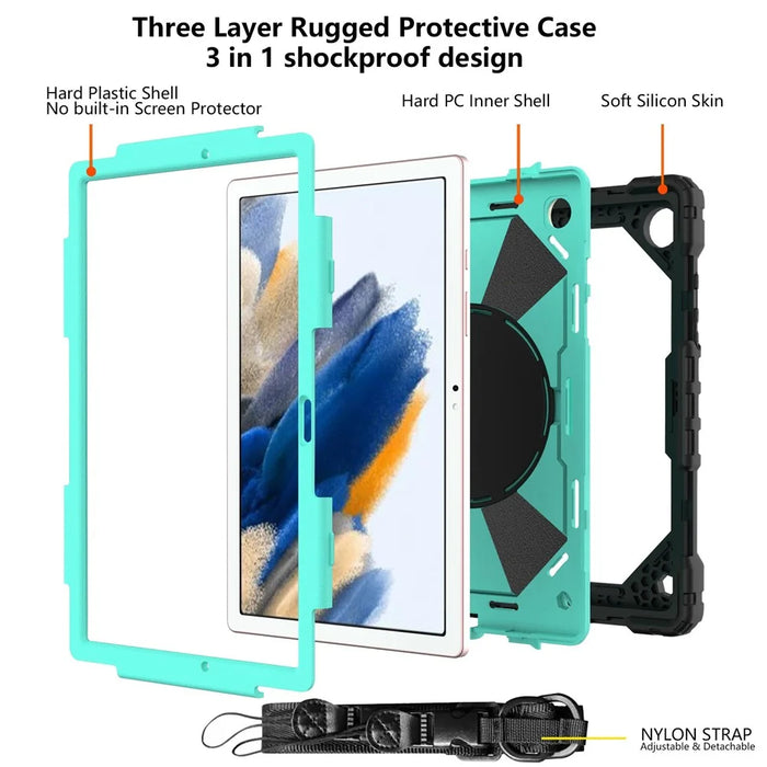 Robot C2 Series for Samsung Galaxy Tab A8 10.5 (2021) / (2022) Contrast Color PC + Silicone Tablet Drop-proof Case Cover with Hand Strap and Kickstand - Black / Mint Green - 3