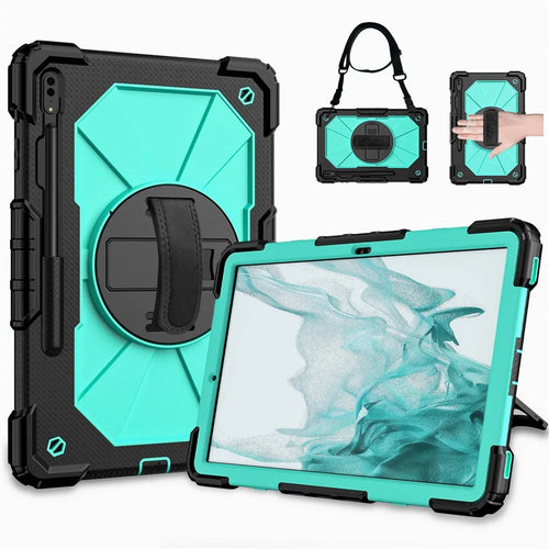 For Samsung Galaxy Tab S8+ Wi-Fi SM-X800/S8+ 5G SM-X806 (2022) PC + Silicone Contrast Color Kickstand Design Tablet Case Cover with Shoulder Strap - Black/Mint Green - 1