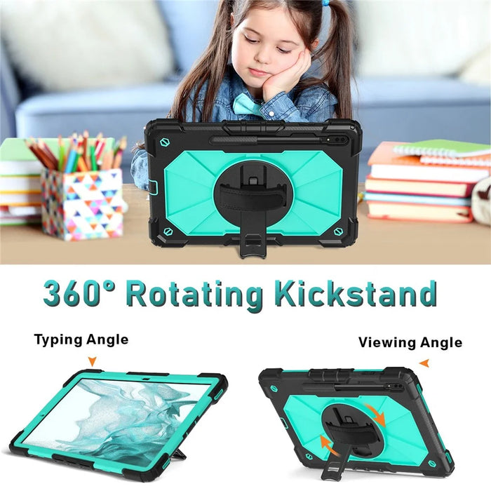 For Samsung Galaxy Tab S8+ Wi-Fi SM-X800/S8+ 5G SM-X806 (2022) PC + Silicone Contrast Color Kickstand Design Tablet Case Cover with Shoulder Strap - Black/Mint Green - 2