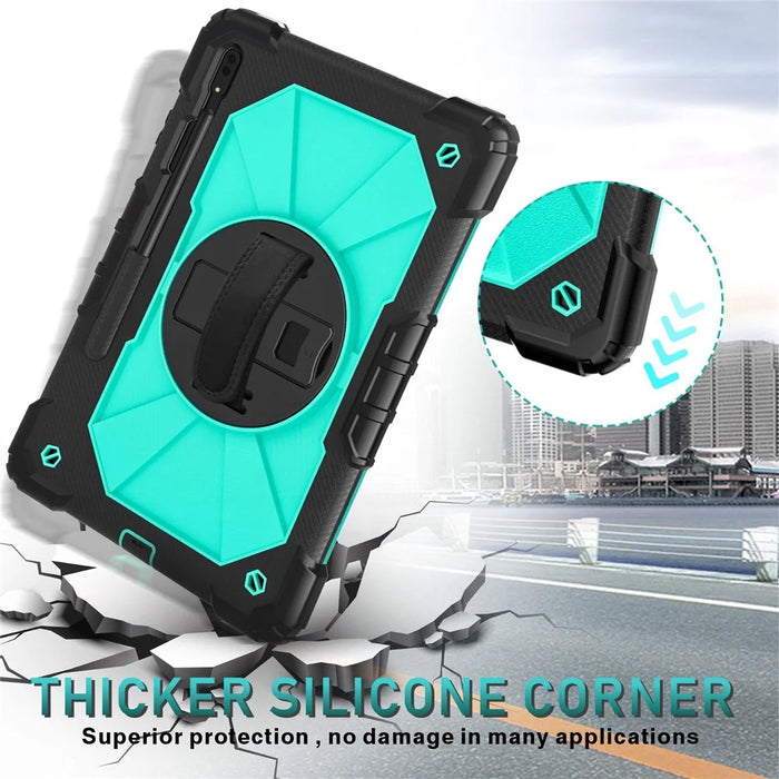 For Samsung Galaxy Tab S8+ Wi-Fi SM-X800/S8+ 5G SM-X806 (2022) PC + Silicone Contrast Color Kickstand Design Tablet Case Cover with Shoulder Strap - Black/Mint Green - 3