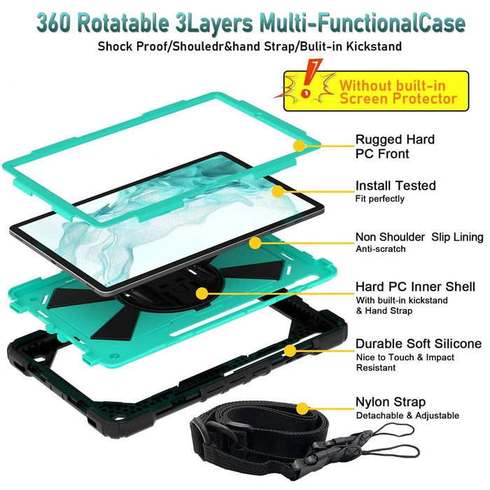 For Samsung Galaxy Tab S8+ Wi-Fi SM-X800/S8+ 5G SM-X806 (2022) PC + Silicone Contrast Color Kickstand Design Tablet Case Cover with Shoulder Strap - Black/Mint Green - 4