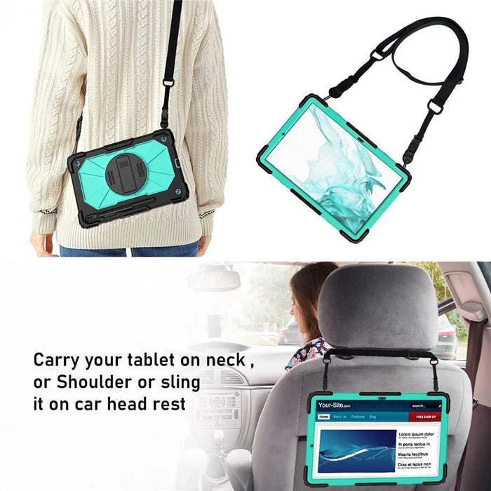 For Samsung Galaxy Tab S8+ Wi-Fi SM-X800/S8+ 5G SM-X806 (2022) PC + Silicone Contrast Color Kickstand Design Tablet Case Cover with Shoulder Strap - Black/Mint Green - 5