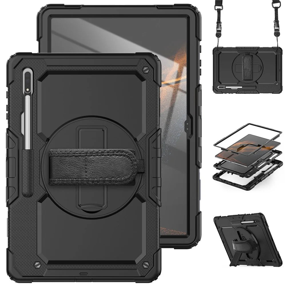 For Samsung Galaxy Tab S8 Ultra Wi-Fi SM-X900/5G SM-X906B/SM-X906U/SM-X906N 14.6-inch (2022) PC + Silicone + PET Screen Protector Swivel Kickstand Tablet Case with Shoulder Strap - All Black - 1